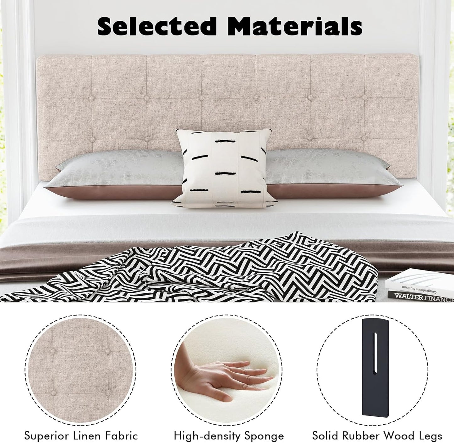 Linen Upholstered Headboard, Adjustable Width Button Tufted Headboard Only with Solid Wood Legs, Attach Frame, Modern Headboards for Queen Full Size Bed, Beige