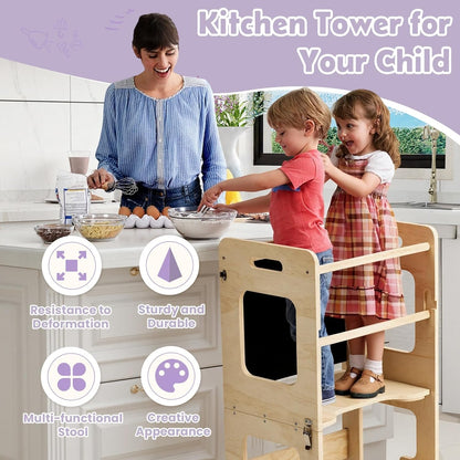 Toddler Standing Tower for 12M+, Montessori Foldable Learning Standing Tower with Blackboard, Anti-Tip Structure Design,Wooden Kitchen Step Helper Stool for 1-3 Year Old Boy Girl Gift