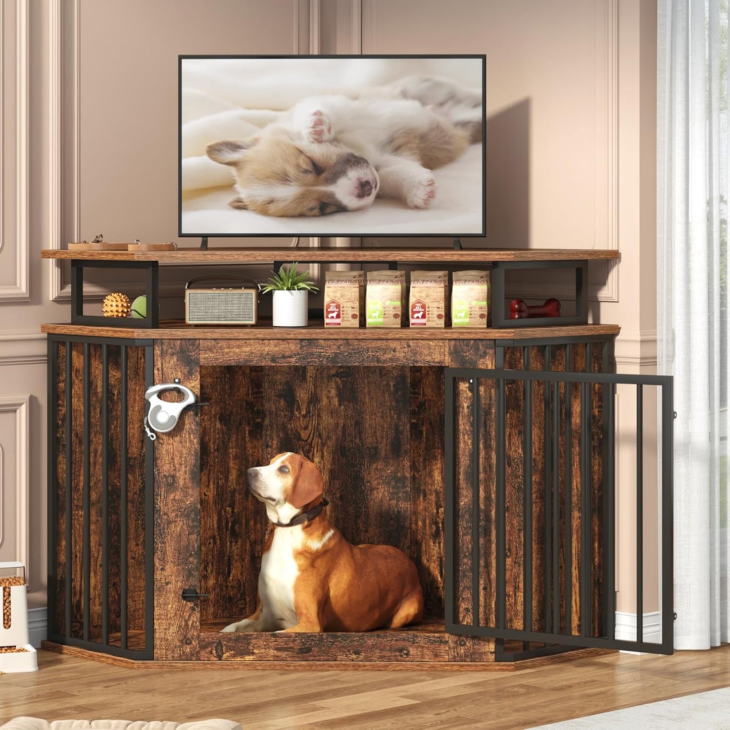 52" Corner Dog Crate Furniture with Storage Shelves, Farmhouse Large Dog Kennel Indoor, Wooden Pet Crate, Heavy Duty, Chew Resistant, 2 Hooks, Rustic Brown