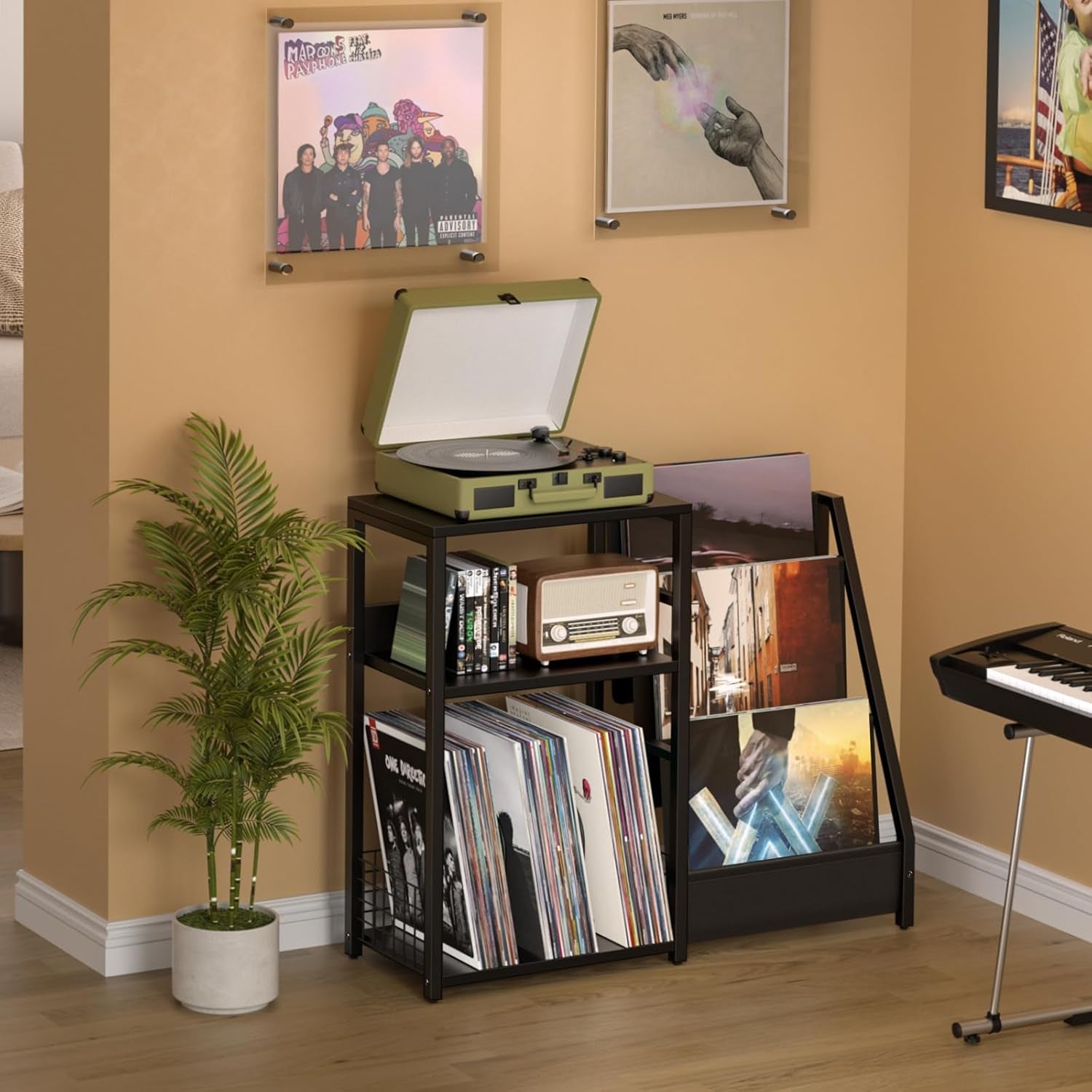 Record Player Stand, Black Adjustable Guitar Stand for Acoustic Guitar, Electric Guitar, Bass, Turntable Stand with Vinyl Display Shelf Storage up to 150 Albums, End Table for Music Room