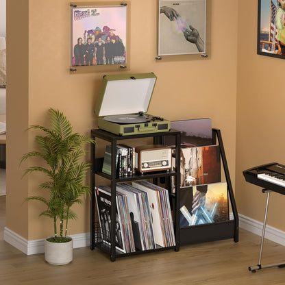 Record Player Stand with Vinyl Storage, 3 Tier Turntable Stand with Display Shelf Storage up to 150 Albums,Brown End Table for Living Room