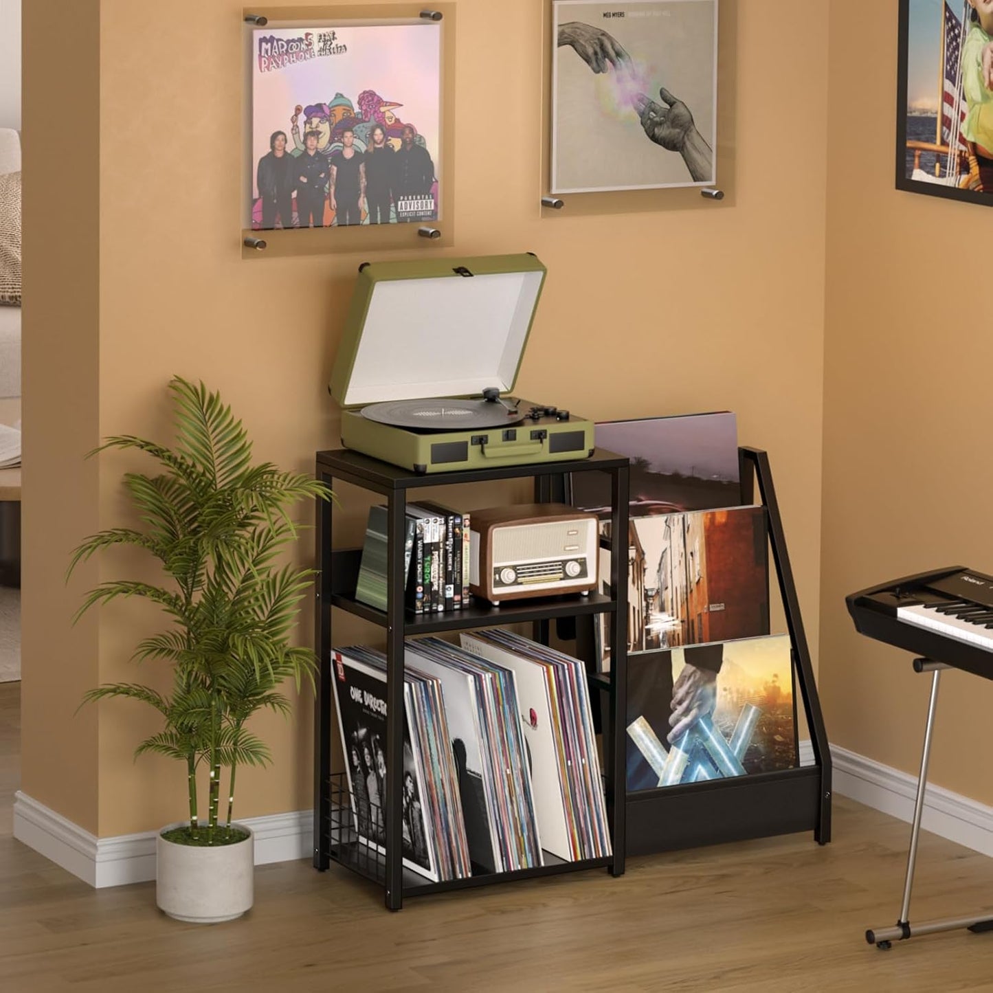 Black End Table,Record Player Stand with Vinyl Storage,3 Tier Side Table with Display Shelf Storage up to 150 Albums,Industrial Large Record Holder Cabinet for Living Room