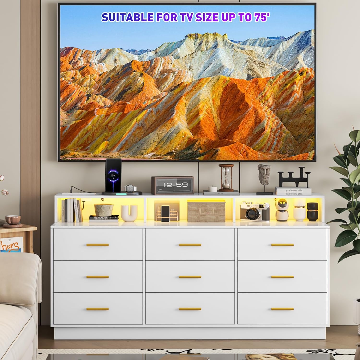 White 9 Drawer Dressers for Bedroom, Modern Large Dresser with LED Light and Power Outlet, Wooden Long Dresser for Bedroom, Entryway, Hallway