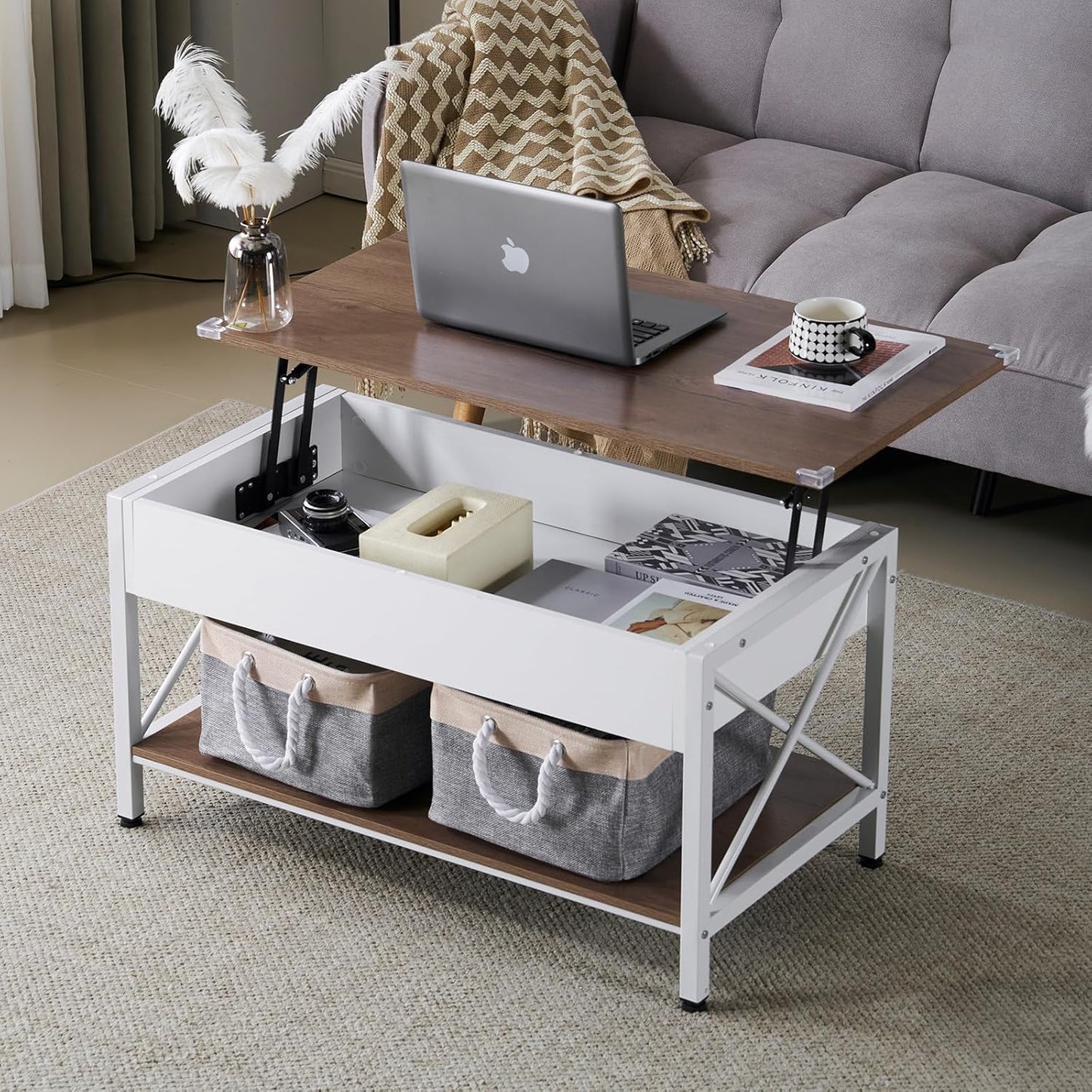 36" Lift Top Coffee Table with Free Cloth Storage Bins, White Walnut Framhouse Coffee Tables for Living Room, Small Modern Coffee Table for Small Space in Minimalistic Style, Dark Walnut