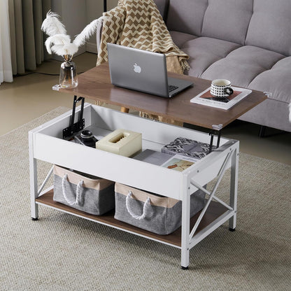 36" Lift Top Coffee Table with Free Cloth Storage Bins, White Walnut Framhouse Coffee Tables for Living Room, Small Modern Coffee Table for Small Space in Minimalistic Style, Dark Walnut
