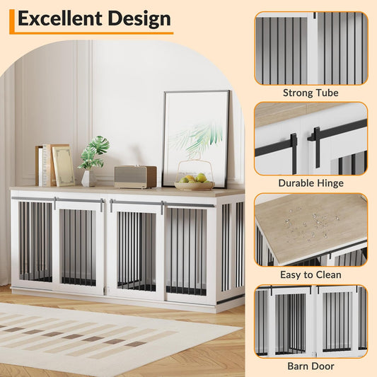 Dog Crate Furniture for 2 Large Dogs,71" Farmhouse Double Kennel with Sliding Door,Heavy Duty Wooden Dog Crate Kennel End Table Tv Stand