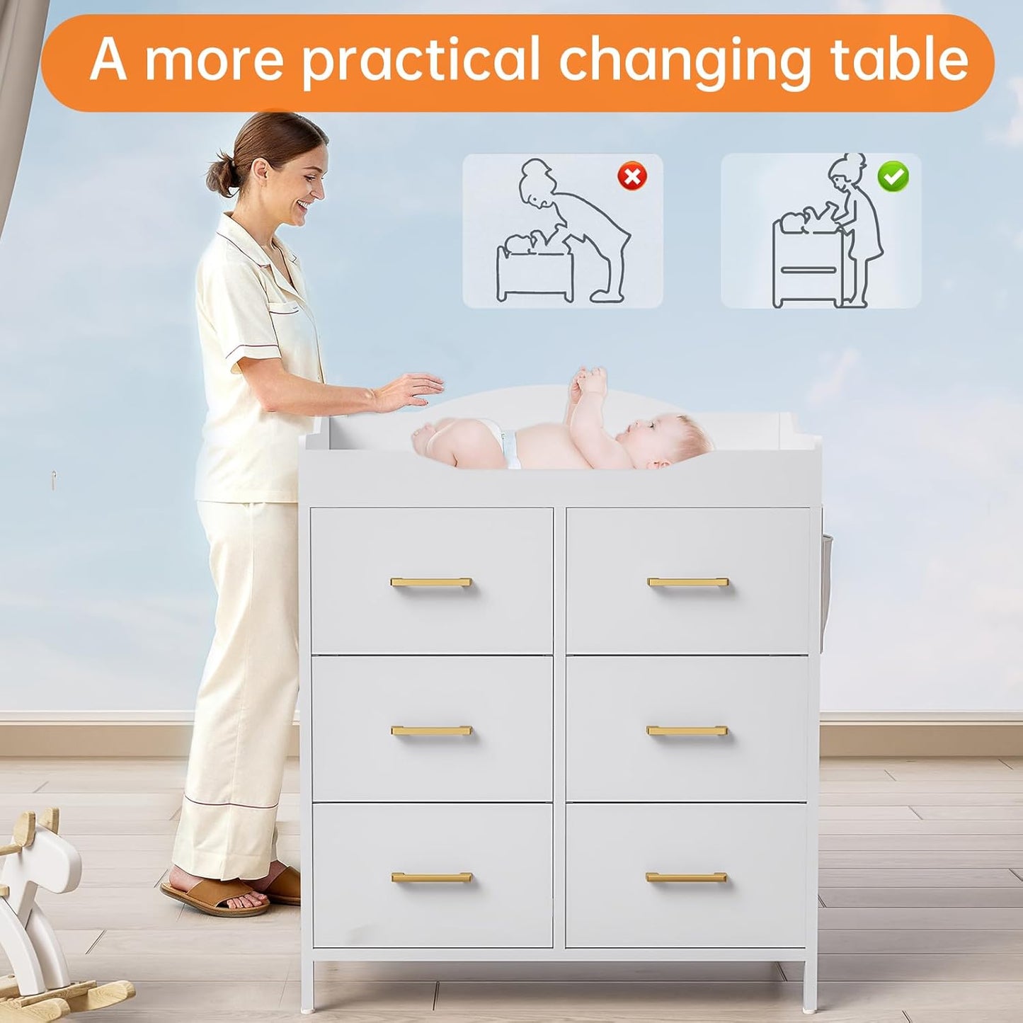 White Changing Table Dresser with 6 Fabric Drawers and Side Pockets, Nursery Dresser with Changing Top, Baby Dresser with Drawers, Diaper Changing Station for Nursery and Bedroom