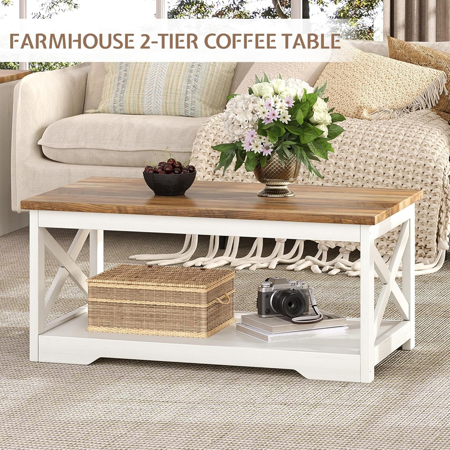 3-Piece Farmhouse Living Room Table Sets, Includes 1 X Coffee Table, 2 X End Tables with Charging Station & USB Ports, Rustic Coffee Table Set of 3, Distressed White