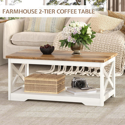3-Piece Farmhouse Living Room Table Sets, Includes 1 X Coffee Table, 2 X End Tables with Charging Station & USB Ports, Rustic Coffee Table Set of 3, Distressed White