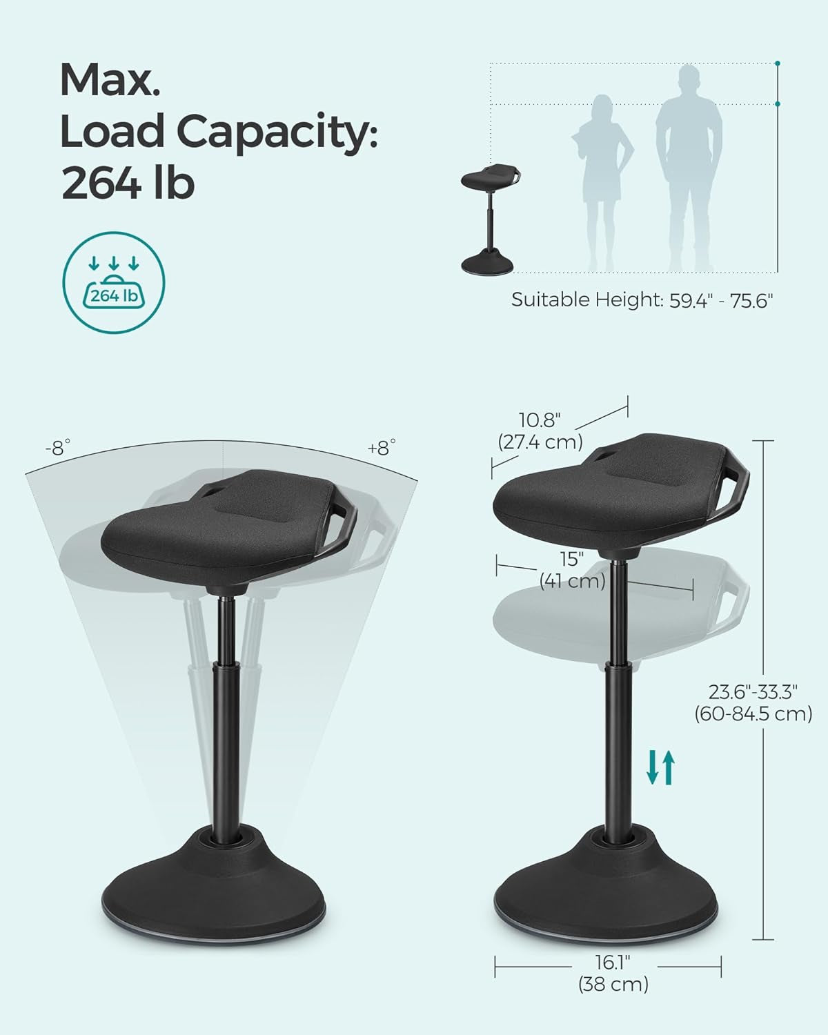 Standing Desk Chair, Adjustable Ergonomic Wobble Stool, 23.6-33.3 Inches Drafting Chair, Swivel Sitting Balance Stool, Fabric Upholstery, Anti-Slip Bottom Pad, Ink Black UOSC02BK