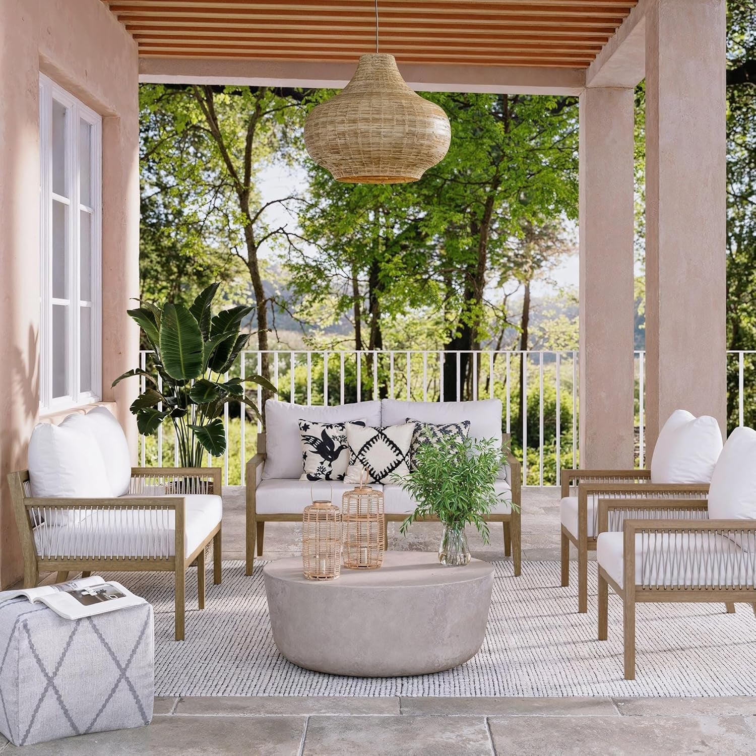 Freya Bohemian Wooden Armchair, Outdoor Patio Chair, Solid Acacia Wood Frame, White/Light Brown