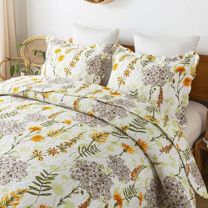 3-Piece Quilt Set Quilted Bedspread Lightweight Reversible Coverlet Set Floral Printed Oversized Quilted Bedding Set with Shams for All Season, Yellow Flower, King Size
