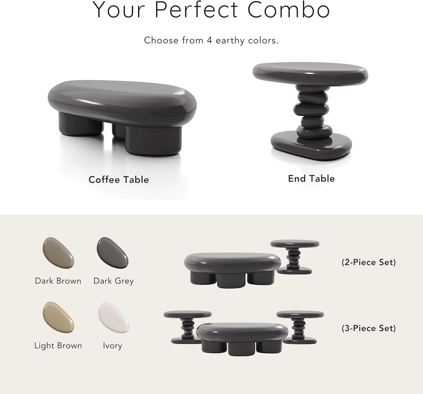 Kavren Modern 37-Inch Oval Glossy Low Profile Coffee Table, Stone Shape Living Room Furniture for Small Space, Ivory