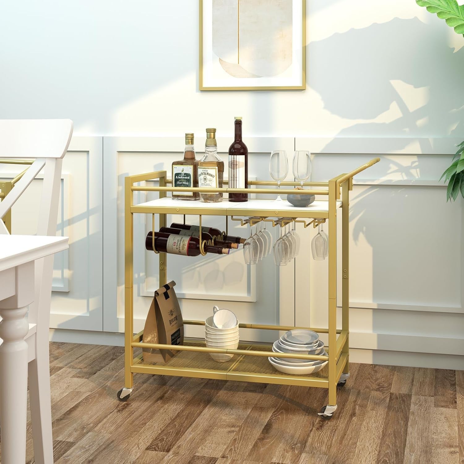 Bar Cart, Two-Color Home Bar Serving Cart, Mobile Drink Beverage Cart with 2 Storage Shelves, Rolling Kitchen Cart with Wine Holder and Glass Holder, for Dinning Room, Living Room, Kitchen