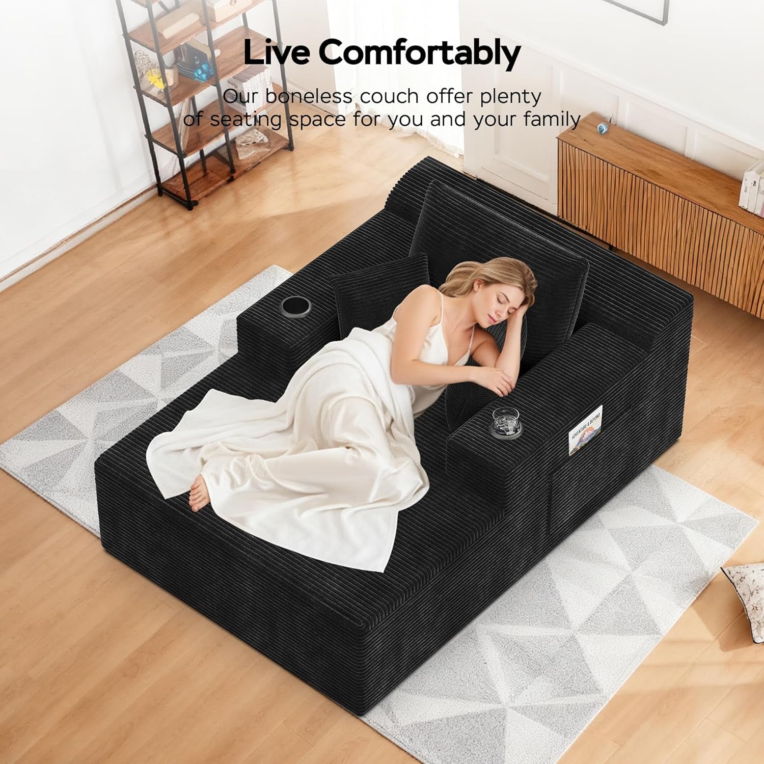 67 Inches Chaise Lounge Chair Indoor, Oversized Boneless Couch with 3 Throw Pillows and Armrests, Corduroy Upholstered Plush Sofa Bed with Storage, Lazy Chair Bed Sleeper for Living Room, Black