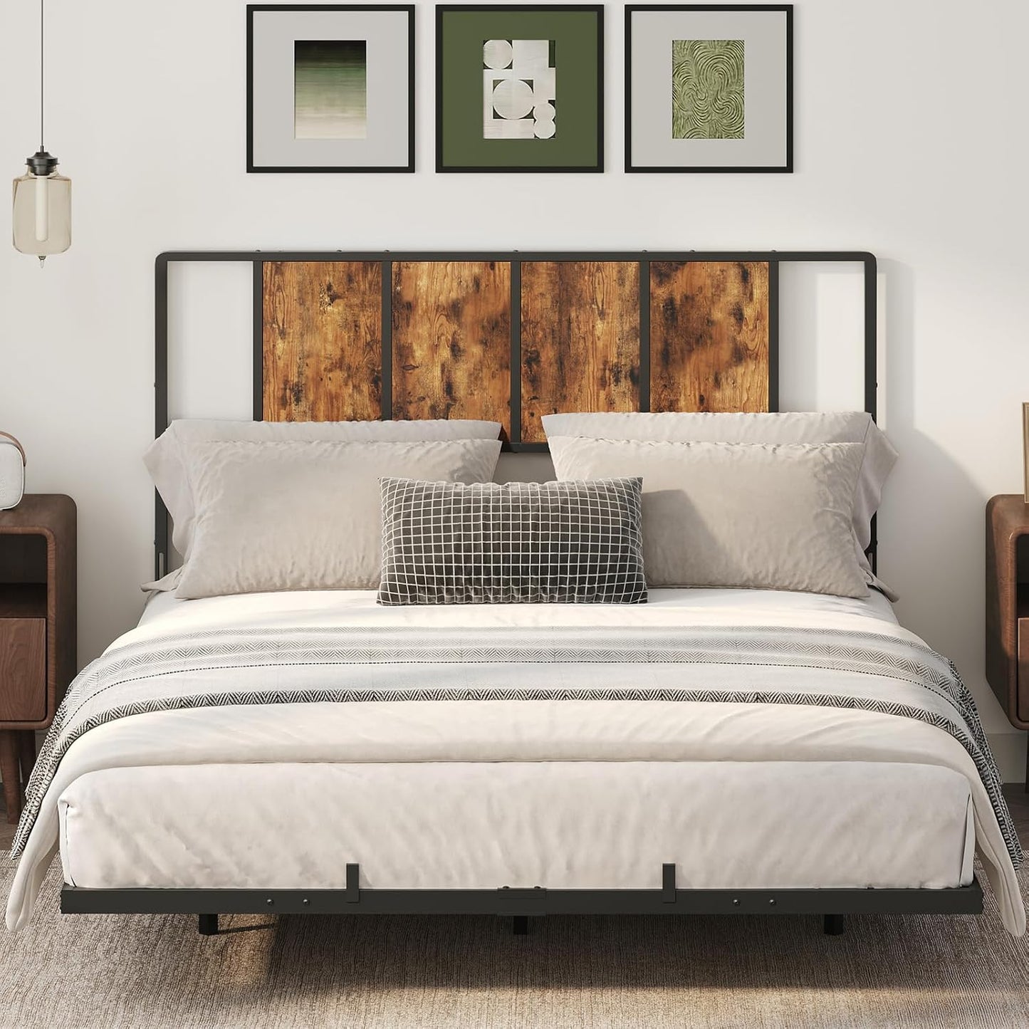 Queen Size Headboard Only, Metal Headboard with Adapters, Minimalist Industrial Style for Queen Size Beds, Rustic Brown and Black