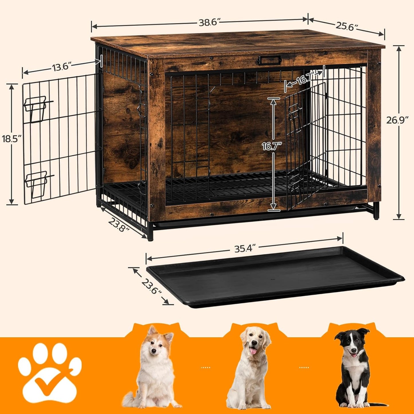 Dog Crate Furniture, 38.6" Large Dog Kennel Indoor, Wooden Cage with Pull-Out Tray, Double Doors Pet House Side End Table for Large/Medium/Small Dogs, Rustic Brown BF982GW03G1