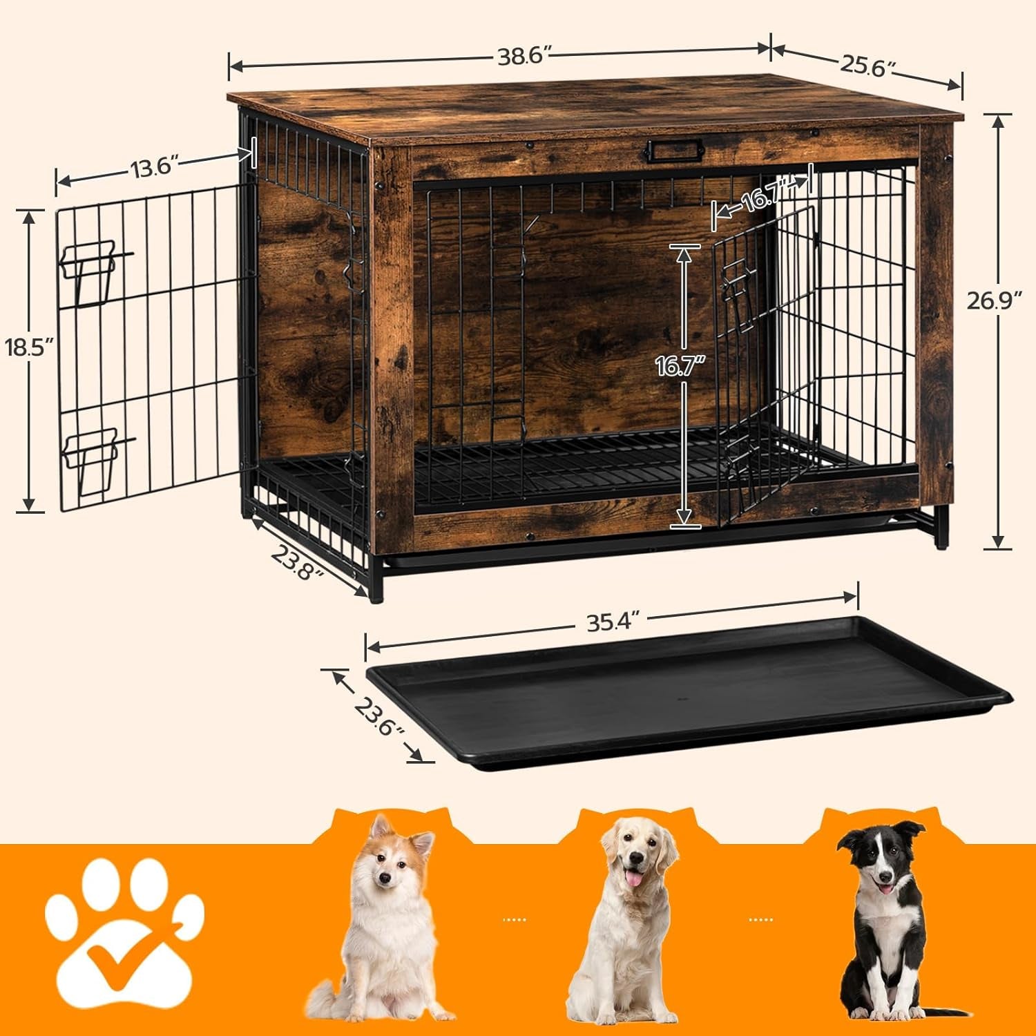 Dog Crate Furniture, 32.5" Medium Dog Kennel Indoor, Wooden Cage with Pull-Out Tray, Double Doors Pet House Side End Table for Medium/Small Dogs, White DW802GW03