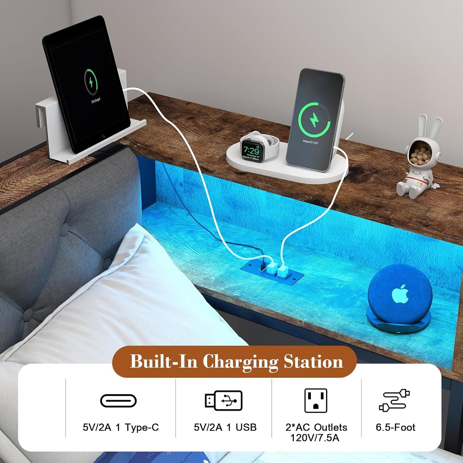 Twin Corner Bed Frame with Storage Bookcase and LED Lights, Twin Size Daybed with 2 Storage Drawers, Upholstered Platform Bed with Headboard and Charging Station, Rustic Brown & Gray