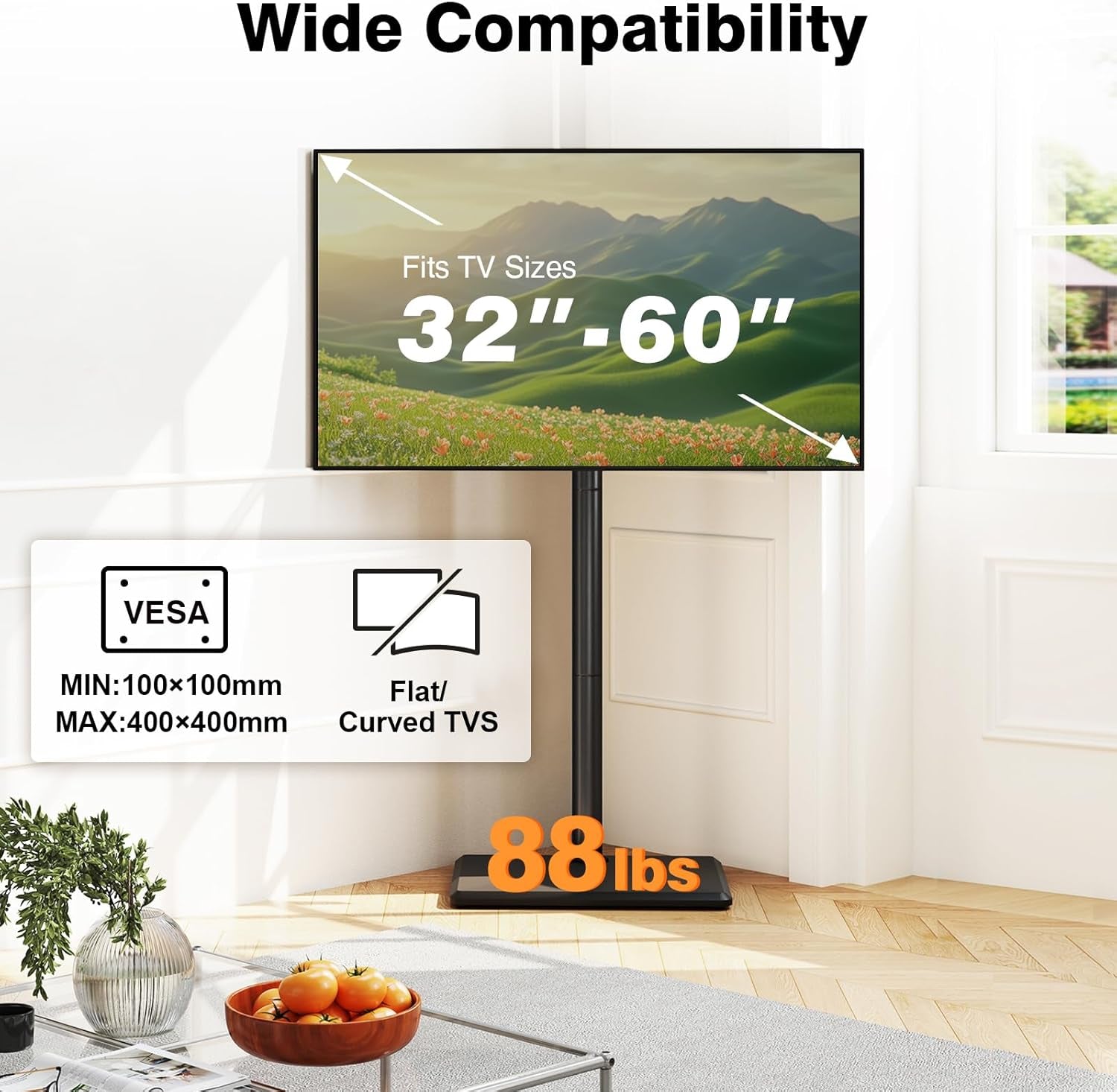 Swivel Floor TV Stand with Mount for Most 32-60 Inch Tvs up to 88 Lbs, Height Adjustable TV Floor Stand Mount with Wood Base, Tall TV Stand for Bedroom, Corner & Living Room, Max VESA 400X400Mm