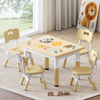 Kids Study Table and Chairs Set, Height Adjustable Toddler Table and Chair Set for Kids Ages 3-8, 31.5" L X 23.6" W Graffiti Desktop Plastic Children Art Table with 4 Seats, Brown