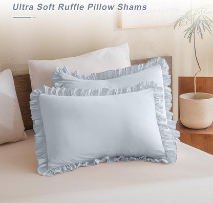 Light Blue Ruffle Pillow Shams King Size,2 Pack 20"X36" Pillow Sham,Shabby Boho Chic Farmhouse Bed Pillow Covers King Ultra Soft and Luxury Microfiber Vintage Pillowcases Set