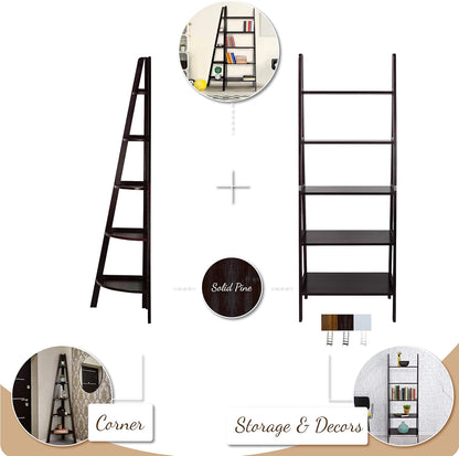 100% Solid Wood 5-Shelf Ladder Bookcase, 24.75"W X 16"D X 72"H, Warm Brown, 5-Tier Freestanding Ladder Shelf