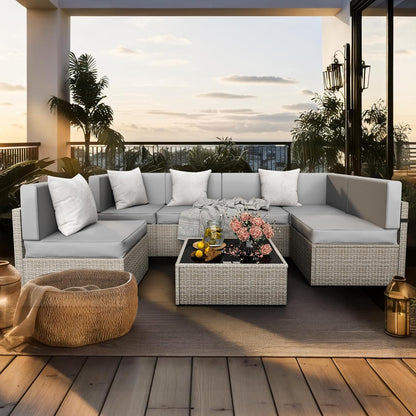 7-Piece Outdoor Sectional Furniture Set, All-Weather Wicker Patio Sofa with Washable Cushions, Gray Waterproof Rattan Conversation Set for Backyard, Poolside, Garden (Gray Cushions)