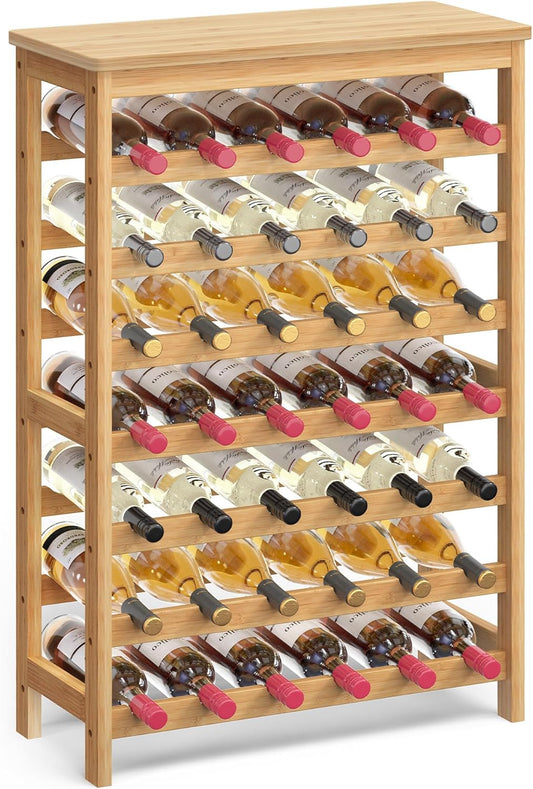 42-Bottle Wine Rack Free Standing Floor, 7-Tier Display Wine Storage Shelves with Table Top, Bamboo Wobble-Free Bottle Holder for Kitchen Bar Dining Room Living Room, Natural UKWR27NL