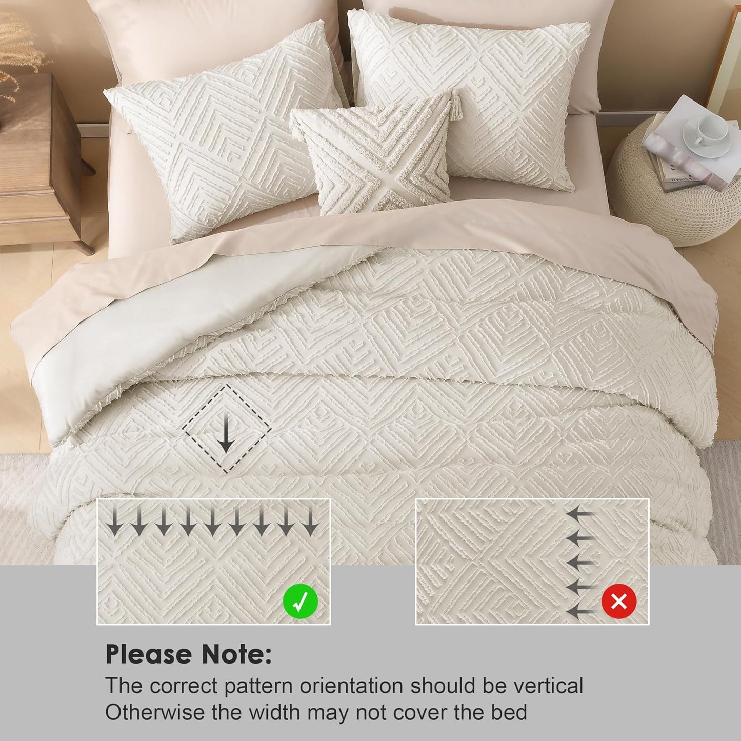 Queen Comforter Set Beige, 3 Pieces Cream Tufted Boho Farmhouse Bedding Comforter Sets, Lightweight Fluffy Comforter Bed Set for All Season (90X90In Comforter and 2 Pillowcases)