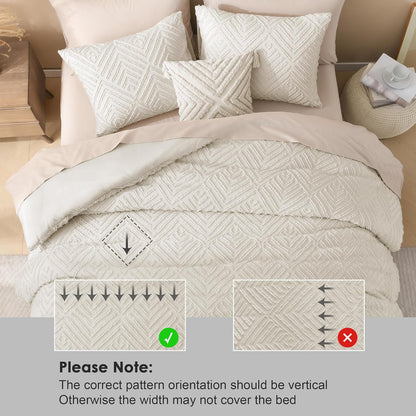 Queen Comforter Set Beige, 3 Pieces Cream Tufted Boho Farmhouse Bedding Comforter Sets, Lightweight Fluffy Comforter Bed Set for All Season (90X90In Comforter and 2 Pillowcases)