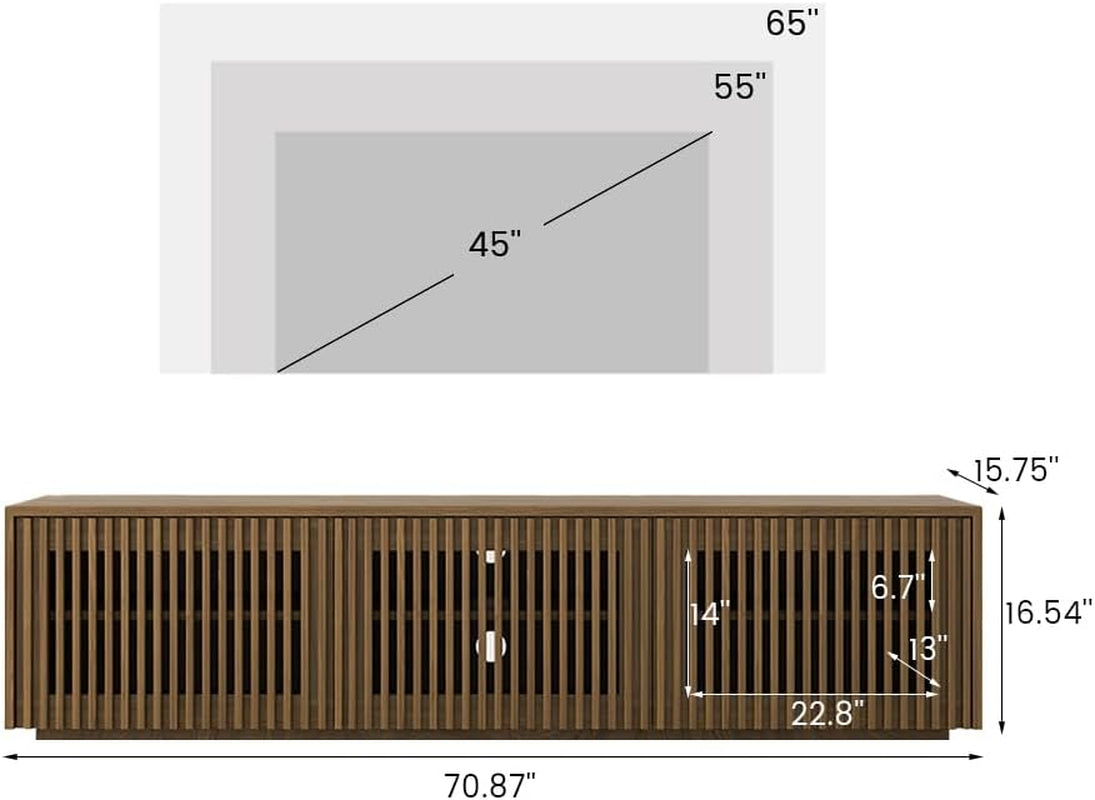 Full Assembled Mid Century Modern TV Stand, Wood Slatted Media Console for 65 Inch TV, Entertainment Center with Storage for Living Room, Low Cabinet with Removable Shelves