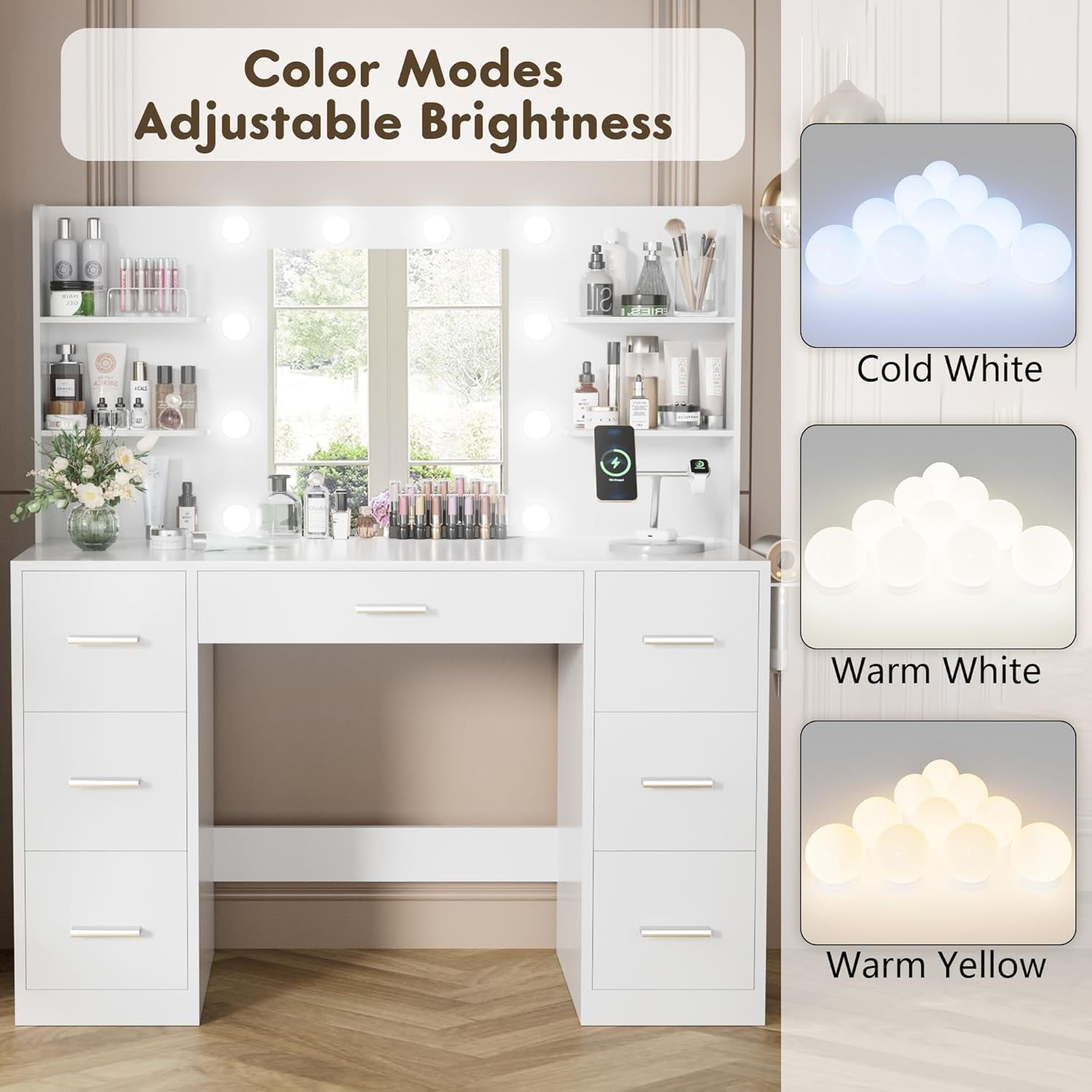 Vanity Desk with Mirror, Power Outlet and 10 Lights, Makeup Table with 7 Drawers, 3 Color Modes Available for Bedroom, Pure White