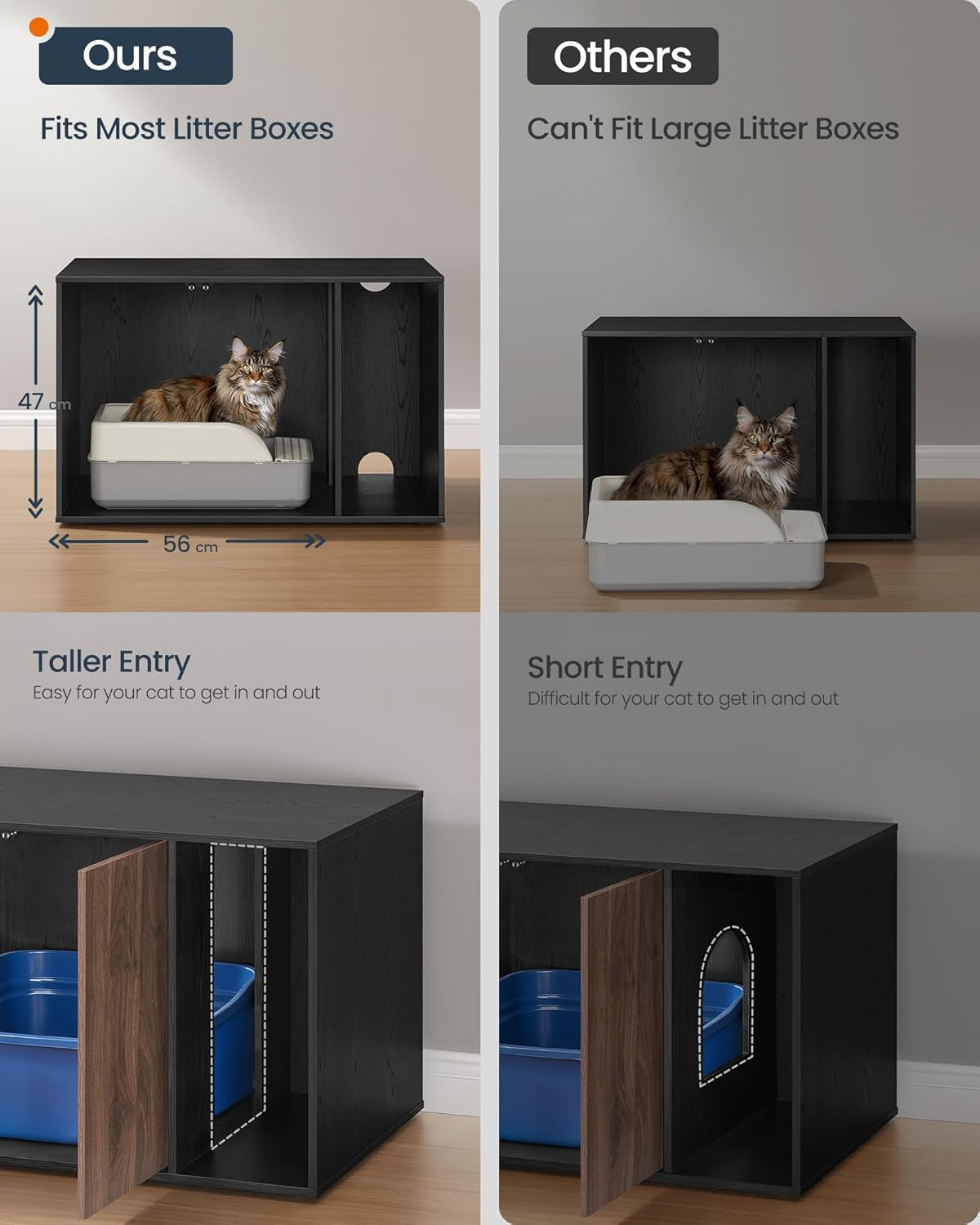 Cat Litter Box Enclosure, Superfast Toolless Assembly, Litter Box Furniture for Large Cats, Display Side Table, Push-To-Open Doors, Ebony Black and Somber Walnut UPCL013BE01S