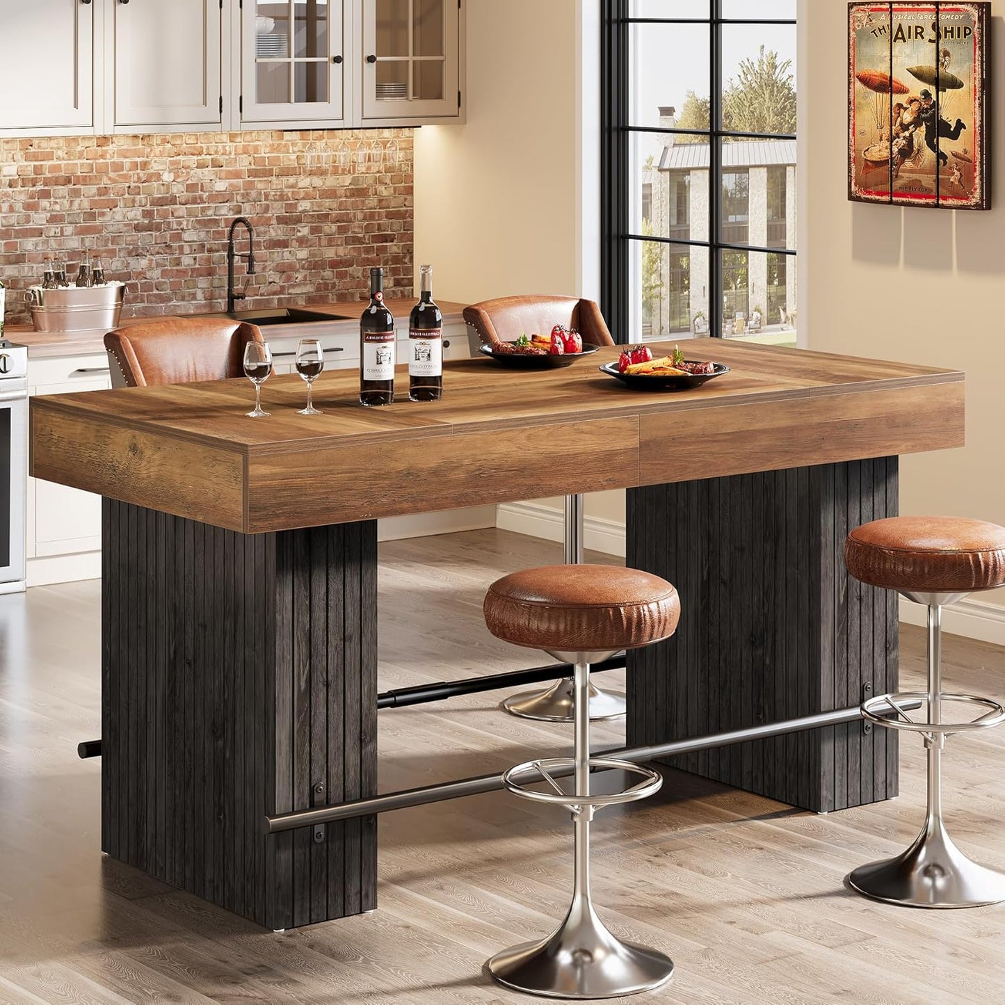 63 Inch Bar Table, Industrial Counter Height Pub Dining Table, Rectangular Home Bar Units with Metal Footrest for Home Kitchen, Dining Room, Bistro