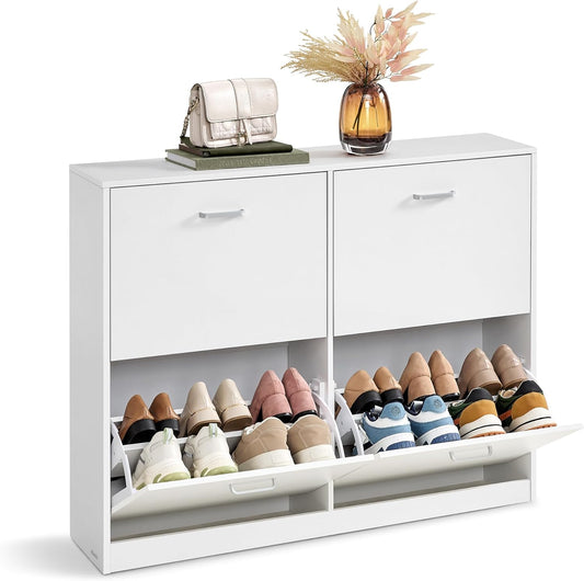 Shoe Cabinet with 4 Flip Doors, Storage Cabinet for 16-28 Pairs of Shoes, Adjustable Dividers, for Entryway, 9.4 X 41.5 X 32.6 Inches, Snow White ULBC035W01