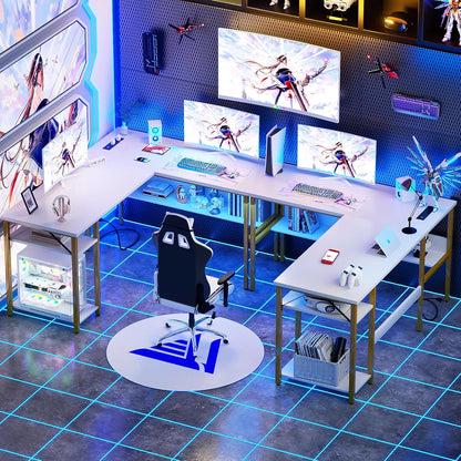 Reversible L Shaped Desk with Magic Power Outlets and USB Charging Ports, Sturdy Corner Computer Desk with Storage Shelves, Gaming Table Home Office Desk, Easy to Assemble, White and Gold