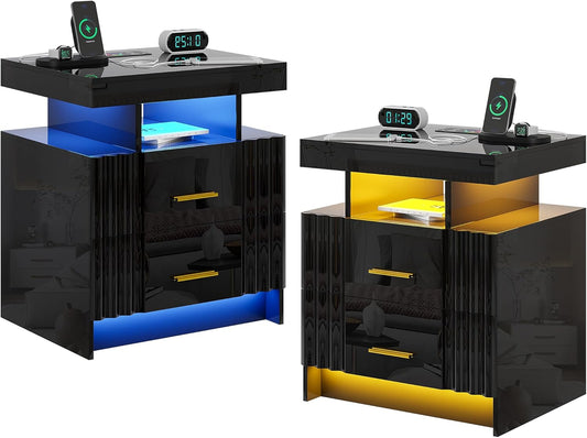 Nightstand Set of 2 with Charging Station, Black LED Night Stand with 3 Drawers, High Gloss Bedside Table with Auto Sensor 24-Color Light/Wireless/Type-C/Usb Charging for Bedroom
