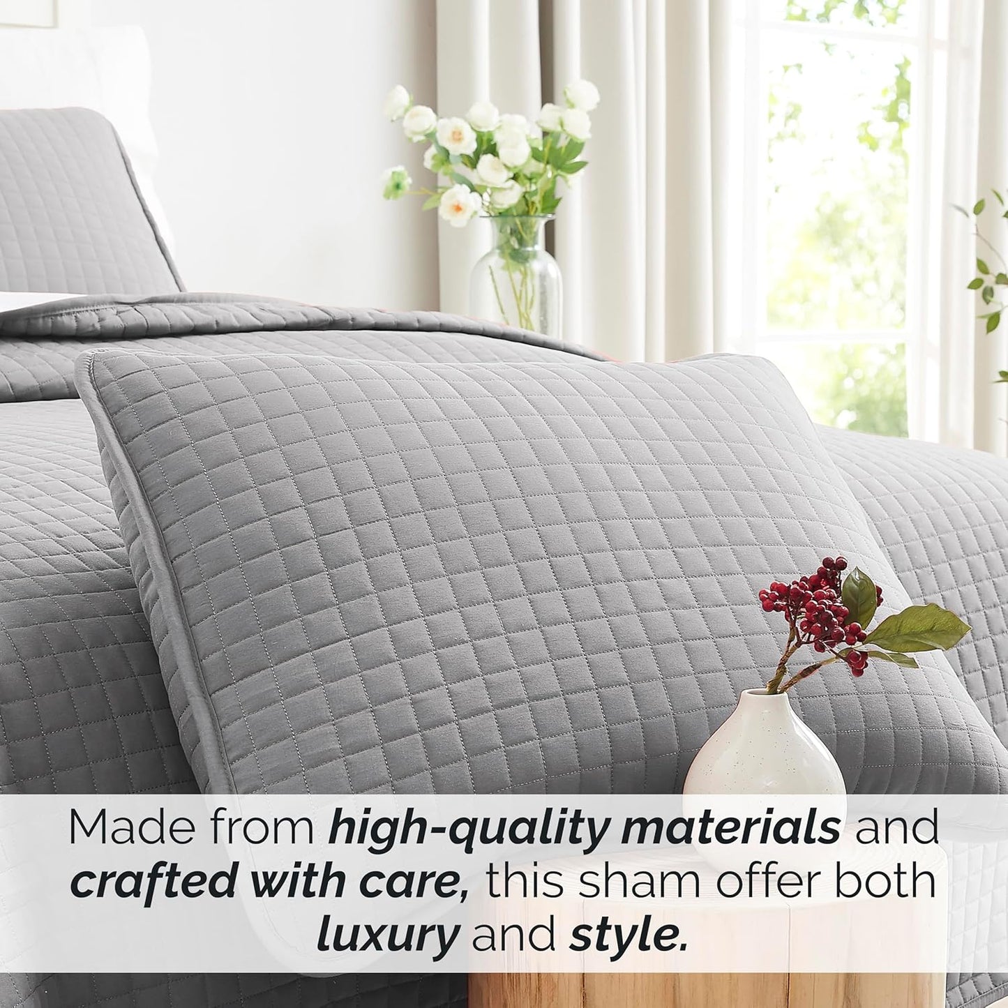 Pillow Shams King Size Set of 2, Large 20"X36" Decorative Grey Pillow Covers for King Size Pillows, Luxury Quilted Sham Covers to Match Quilt Bedding Set, Steel Grey