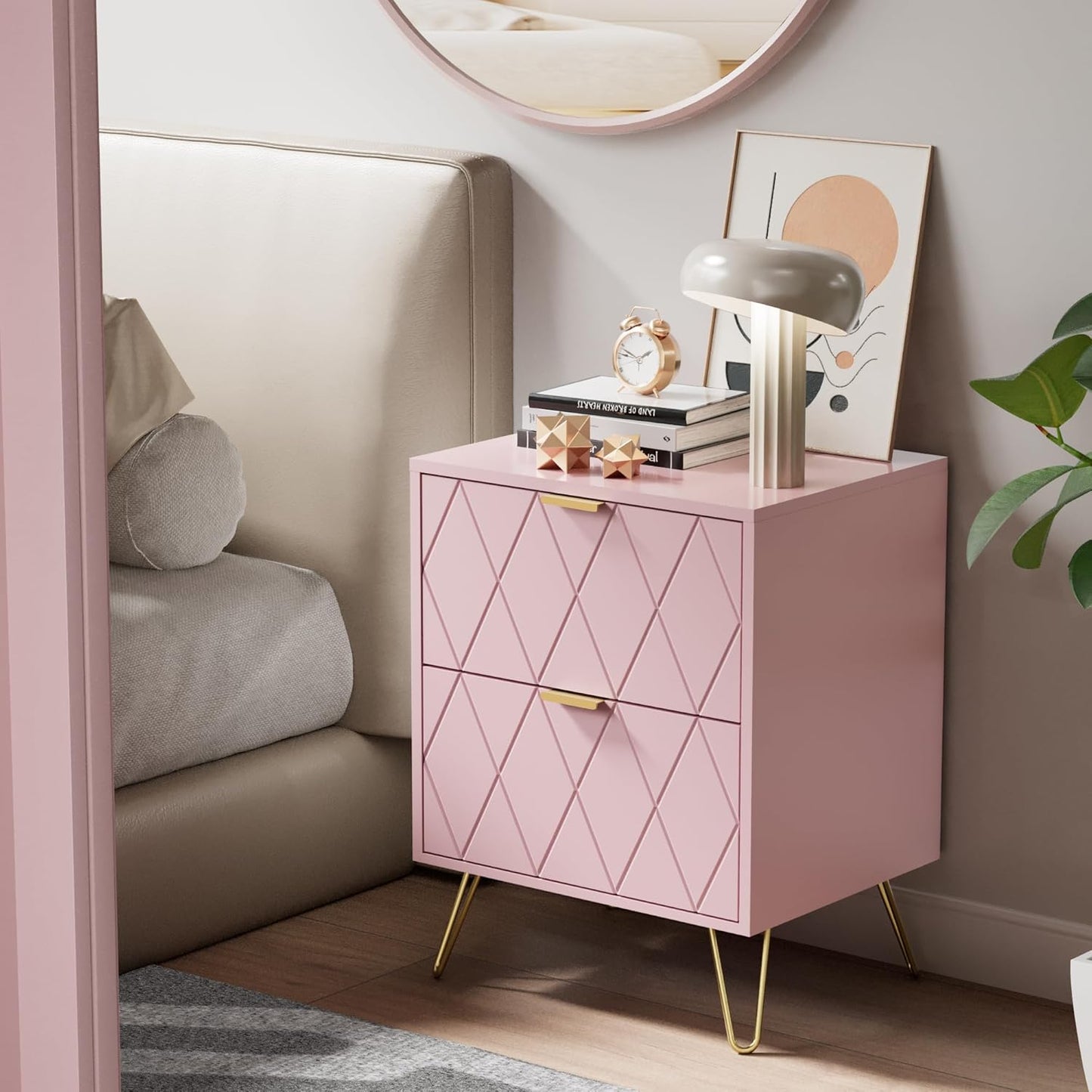Pink 9 Drawer Dresser and Night Stand Sets for Bedroom, Two Drawers Nightstand Set of 2 & 9 Drawer Dresser Combo 3 Pieces (Pink)