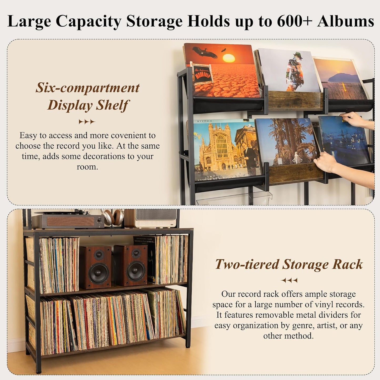Extra Large Record Player Stand, Vinyl Record Stand Hold up to 600 Albums, Turntable Stand with Record Display Shelf, Record Player Table for Living Room Bedroom Music Room Studio, Rustic Brown