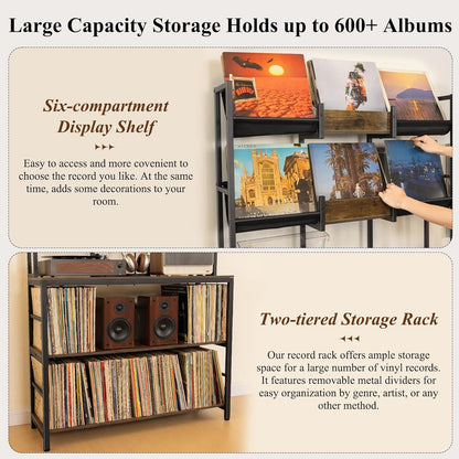 Extra Large Record Player Stand, Vinyl Record Stand Hold up to 600 Albums, Turntable Stand with Record Display Shelf, Record Player Table for Living Room Bedroom Music Room Studio, Rustic Brown