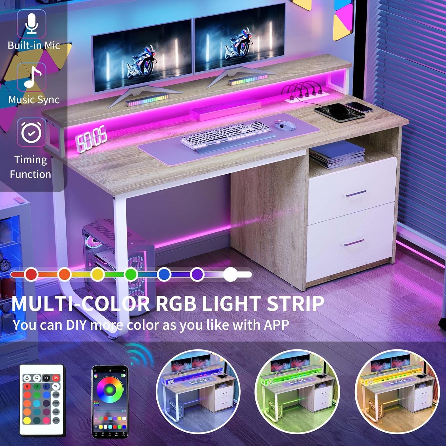 Computer Desk with Drawers, 55" Office Desk with Power Outlets & LED Light, Home Office Desk with Storage Shelves, White & Oak