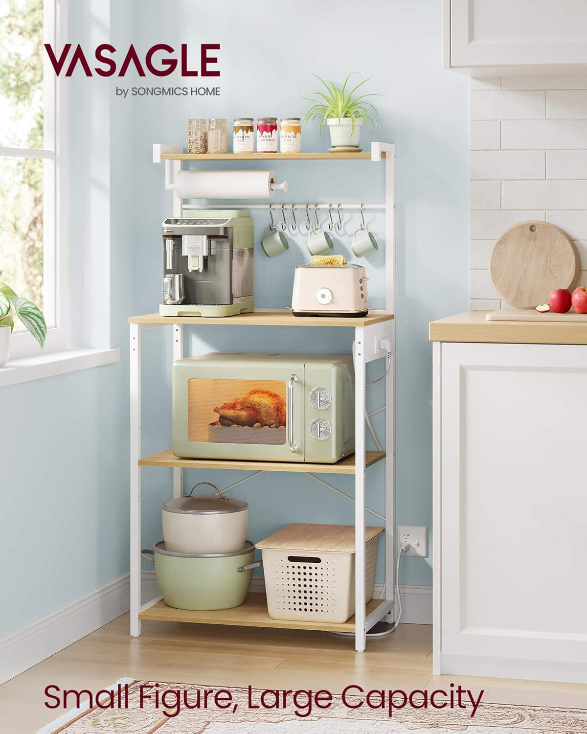 Kitchen Bakers Rack with Power Outlet, Coffee Bar 4-Tier with 8 S Hooks, Microwave Stand, Adjustable Shelf, for Small Spaces, Golden Oak and Cloud White UKKS014Y01V1