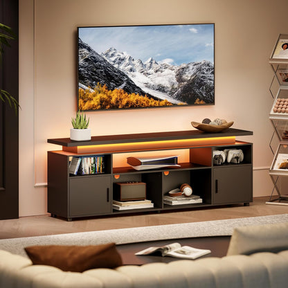 TV Stand, Entertainment Center with LED Lights and Cabinet for 70/75/80 Inch TV, Modern TV Console Gaming Media Television Stands with Power Outlets for PS5 in Living Room and Bedroom, Black