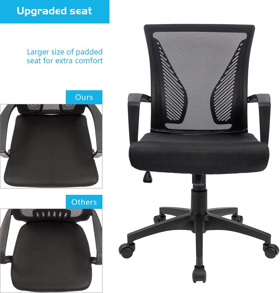Office Chair Ergonomic Computer Desk Mesh Chair Mid Back Swivel Lumbar Support with Armrest (1, Black)