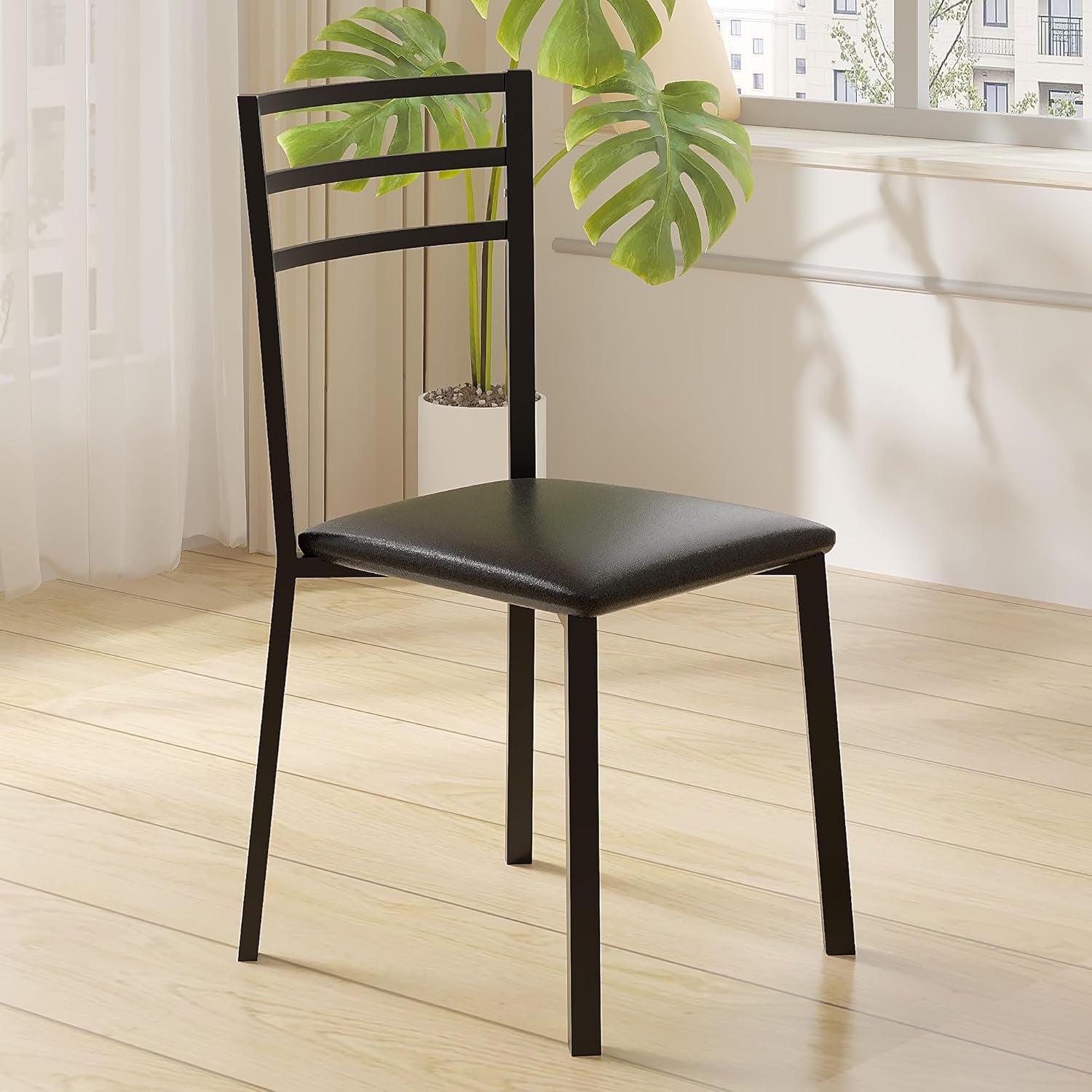 Metal Dining Chair Set of 2, Modern Armless with Cushioned Seat for Kitchen, Living Room, Black