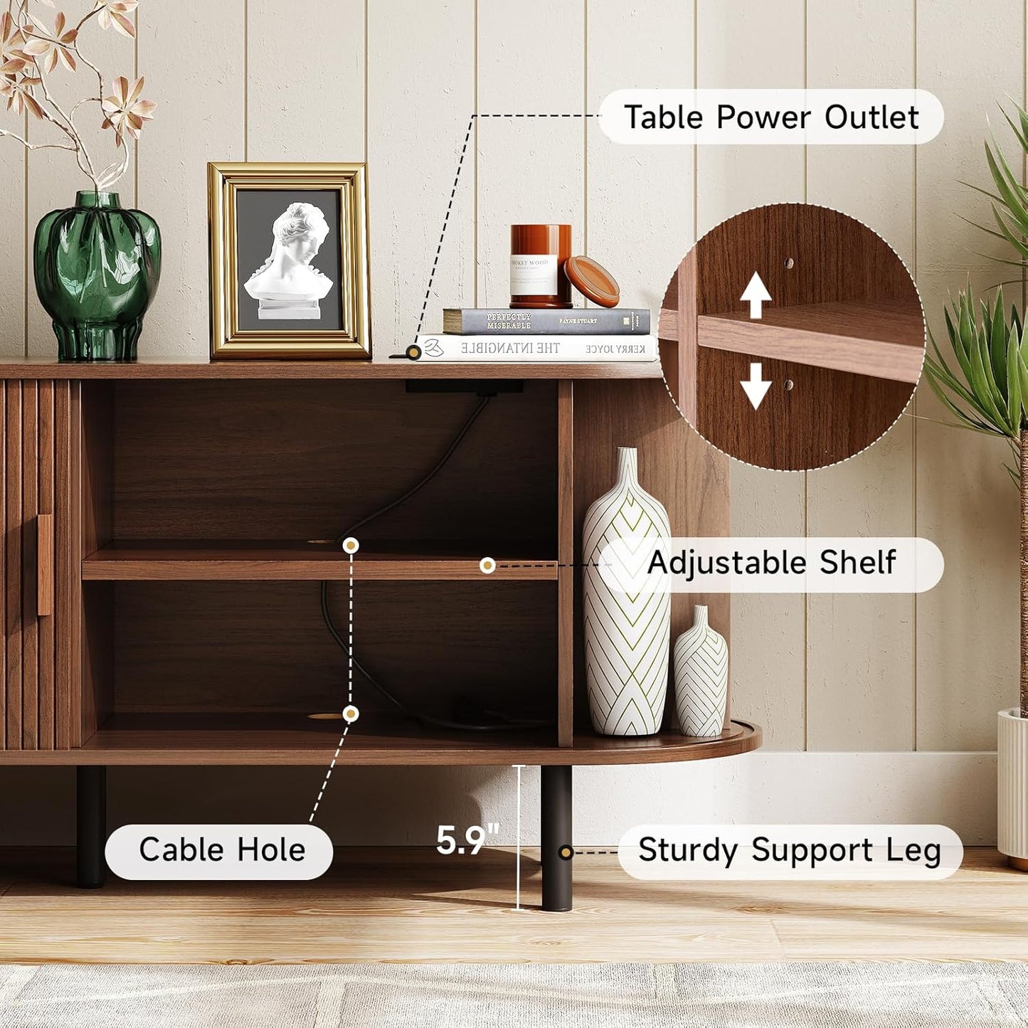 63" TV Stand with Power Outlet for Tvs up to 70 Inch, Entertainment Center with Storage and Adjustable Shelves, Modern Media Console with Sliding Doors for Living Room, Walnut