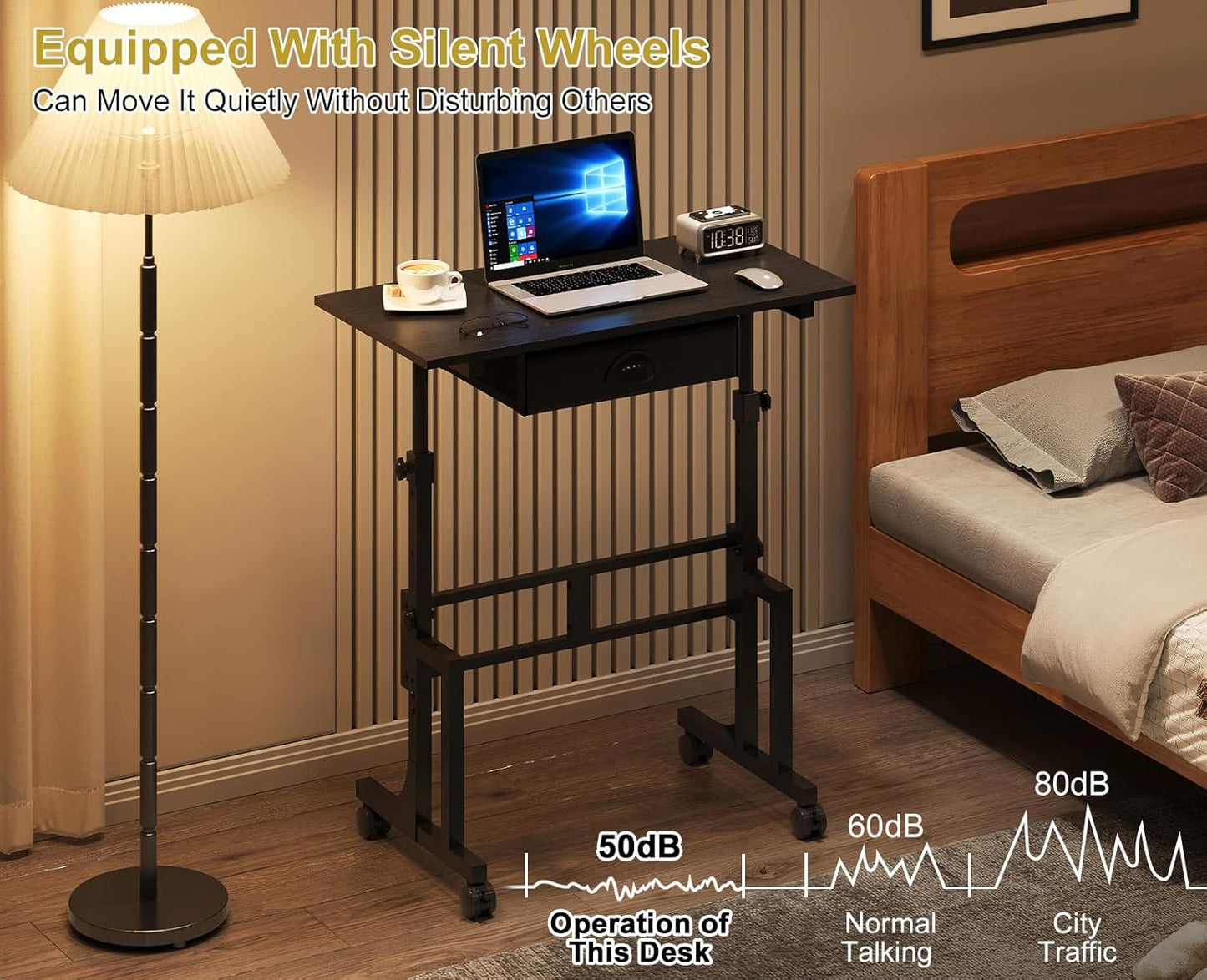 Adjustable Height Standing Desk with Drawer, Rolling Sit Stand up Desk with Wheels, Small Sit to Stand Computer Desk, Adjustable Desktop Height, on Wheels, Black, for Walking Pad Laptop Treadmill