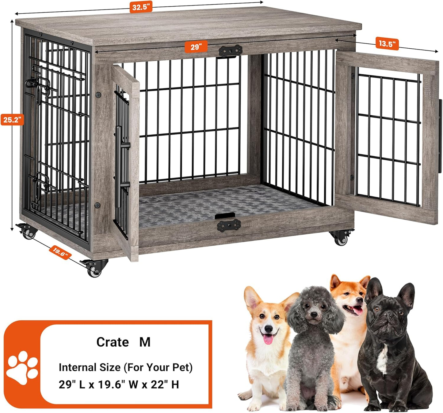 Small Dog Crate Furniture, Dog Kennel Indoor Double Doors Wooden Dog Cage, 27.1'' Heavy Duty Dog Crate with Cushion & Wheels, Decorative End Table Pet House Chew-Resistant for Small Dogs, Brown